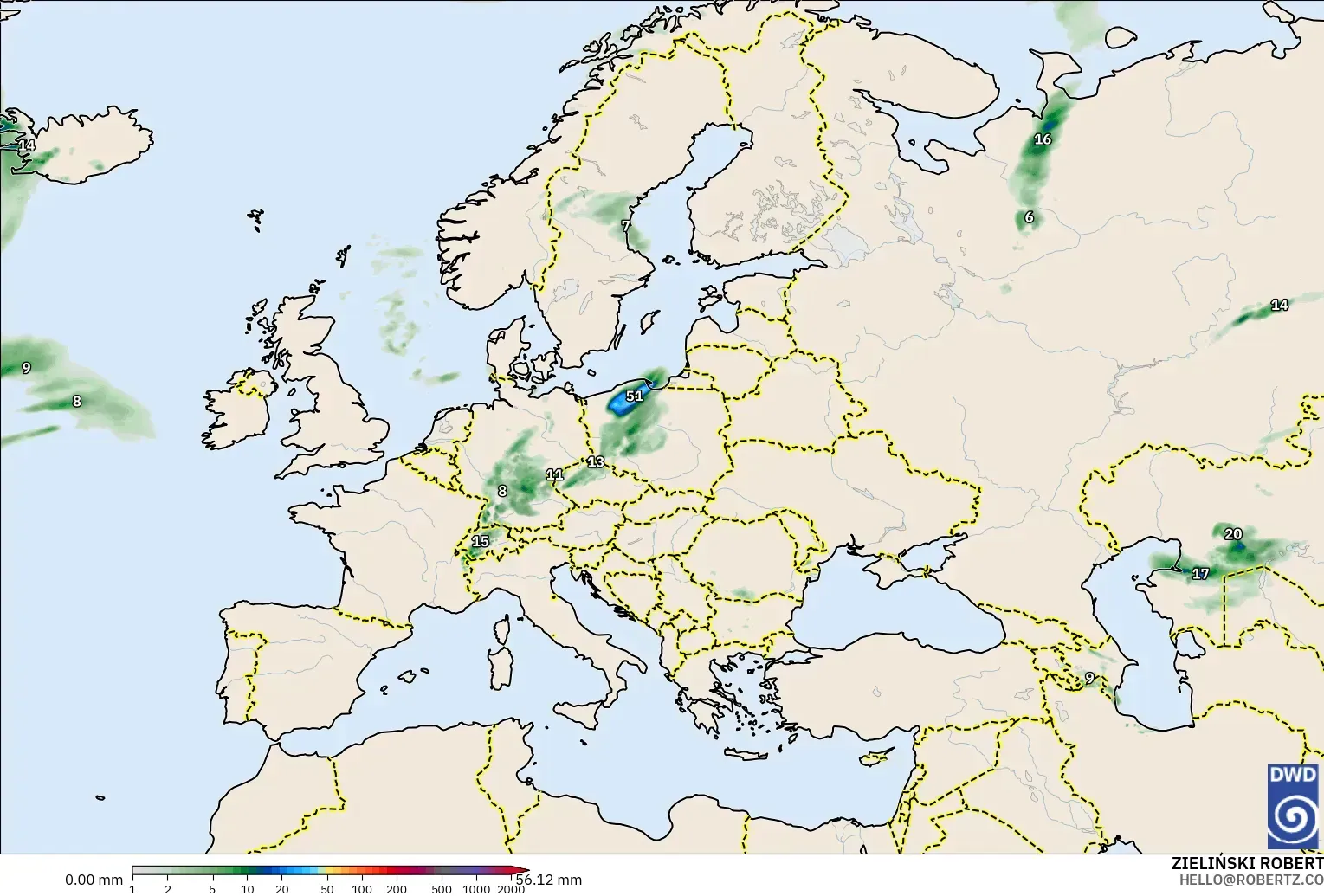 ICON modelo - Europa, Acumulación de precipitación