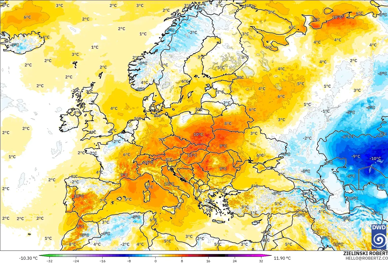 ICON modelo - Europa, Anomalía de temperatura a 2 m