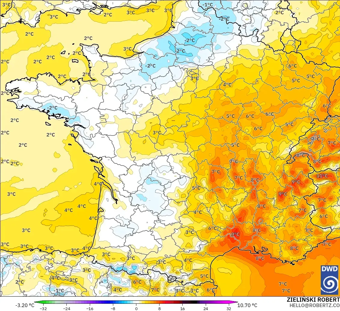 ICON modelo - Francia, Anomalía de temperatura a 2 m