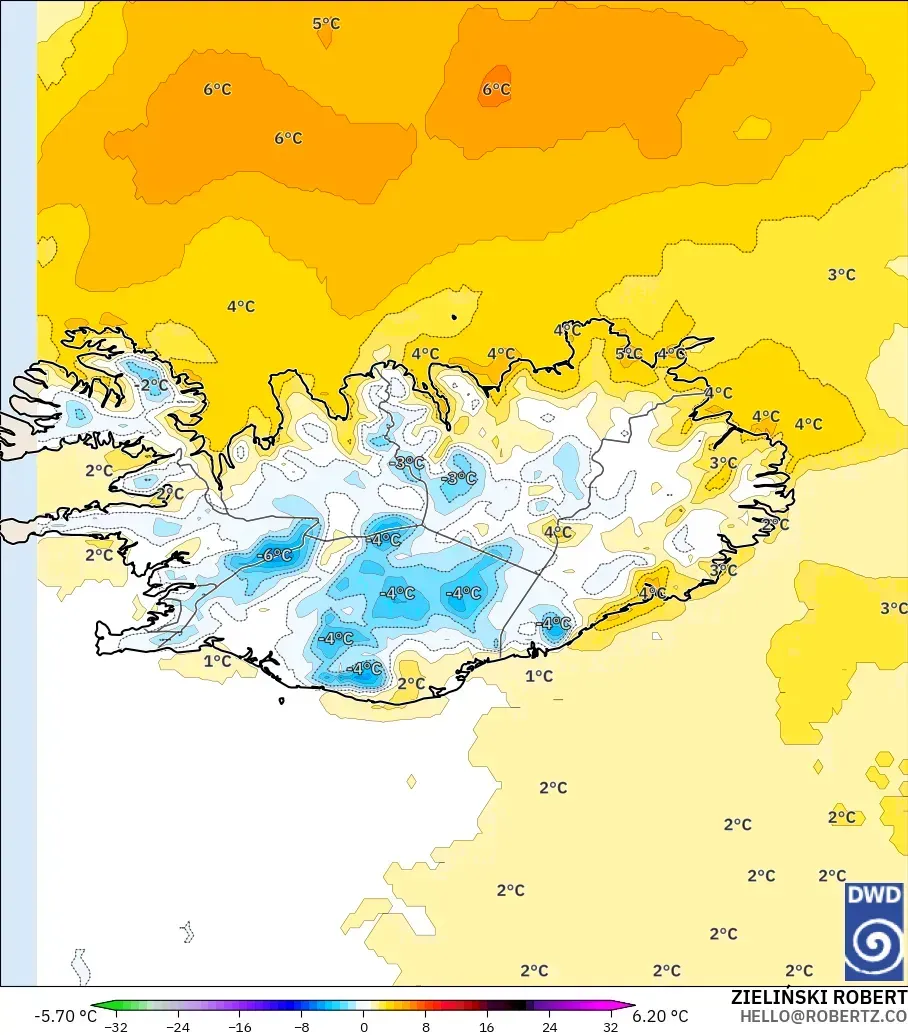 ICON modelo - Islandia, Anomalía de temperatura a 2 m