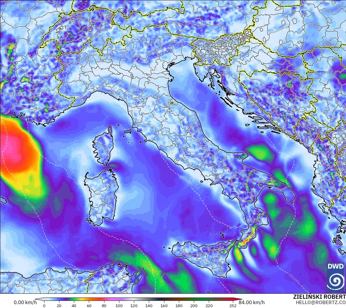 ICON modelo - Italia, Ráfagas de viento