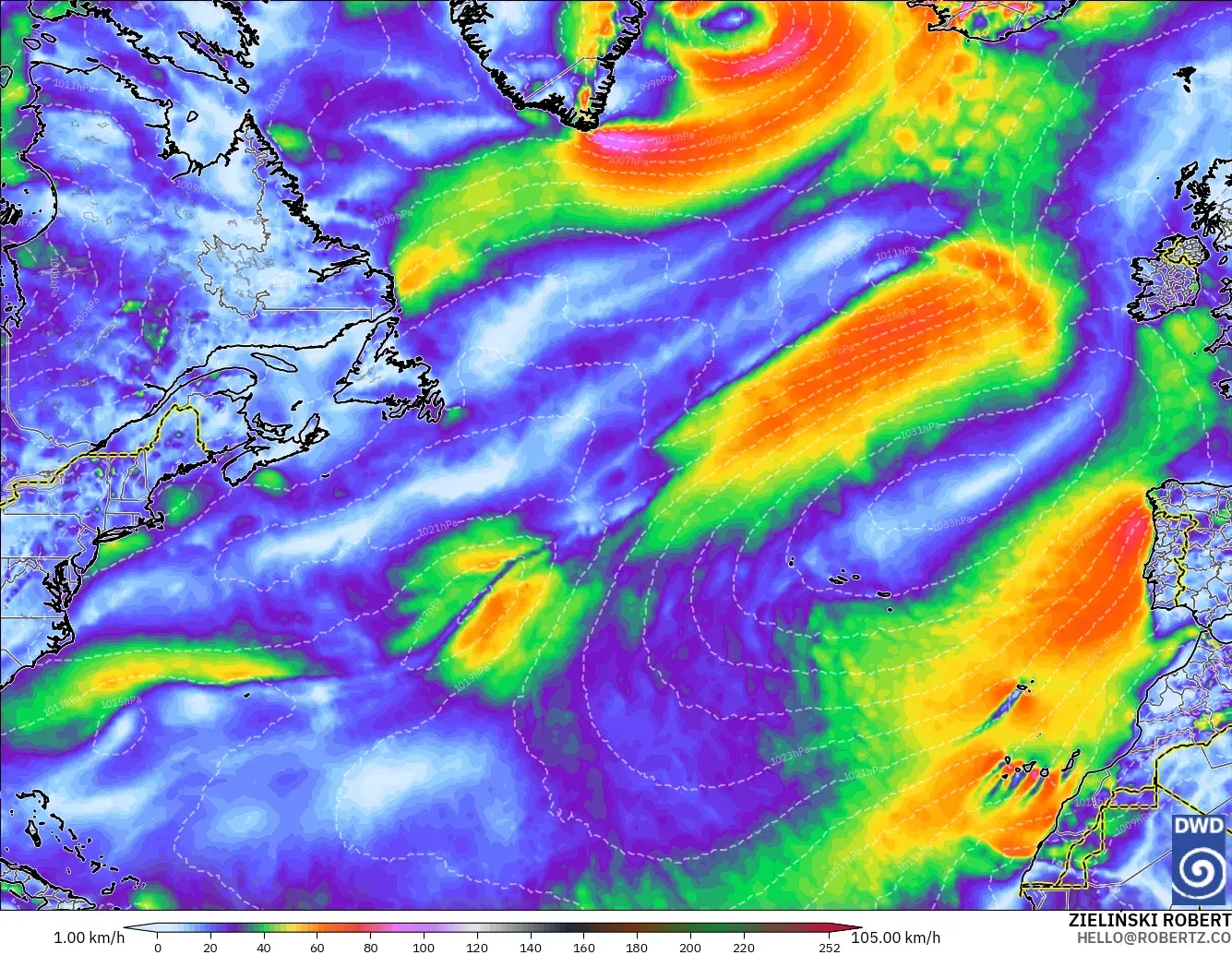 ICON modelo - Norte Atlántico, Ráfagas de Viento Máximas