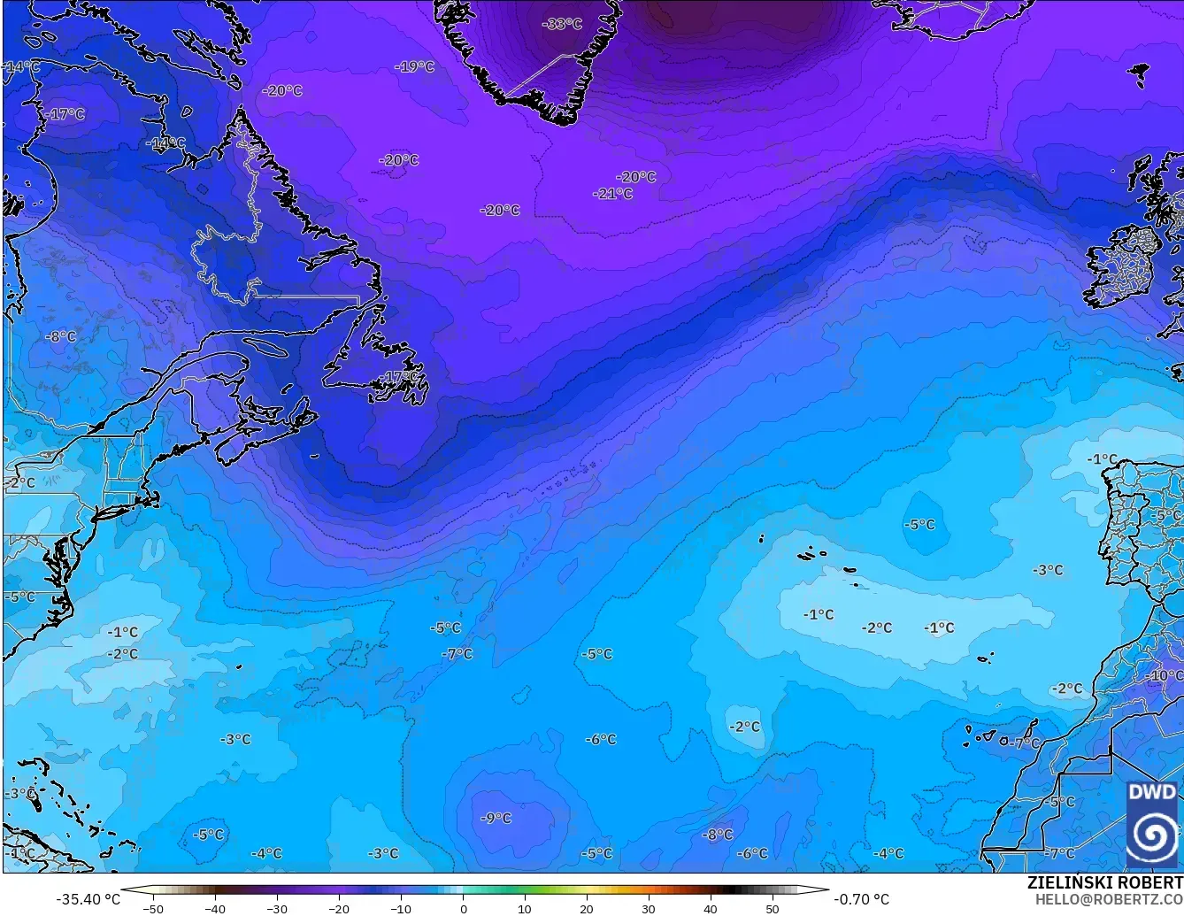 ICON modelo - Norte Atlántico, Temperatura a 500 hPa