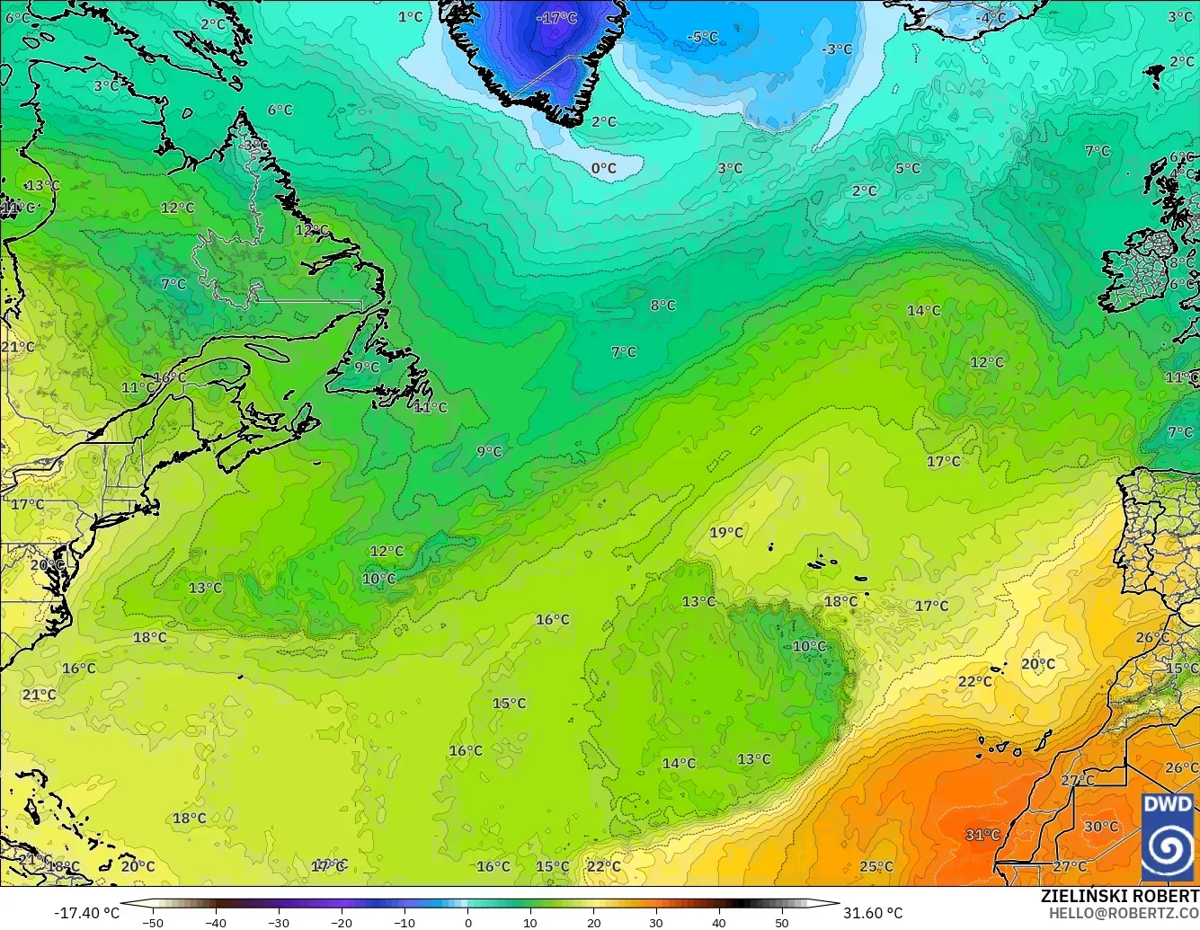 ICON modelo - Norte Atlántico, Temperatura a 850 hPa