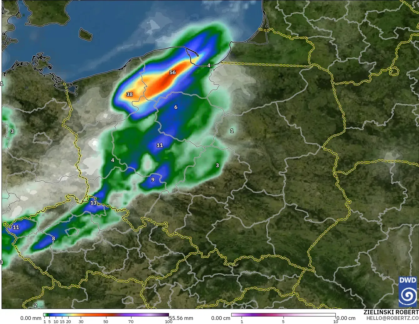 ICON modelo - Polonia, Precipitación, nubes y presión