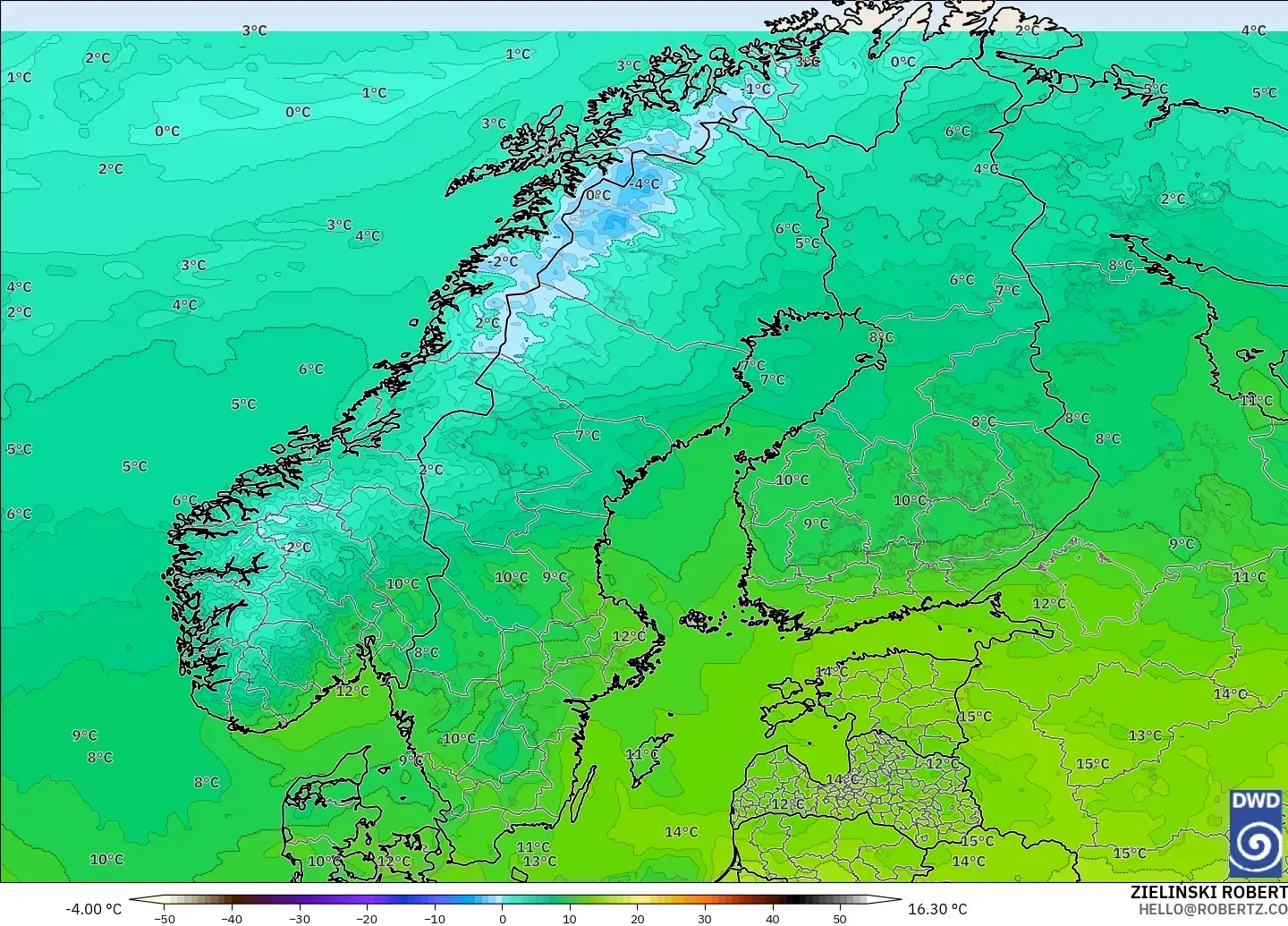 ICON modelo - Escandinavia, Temperatura a 850 hPa