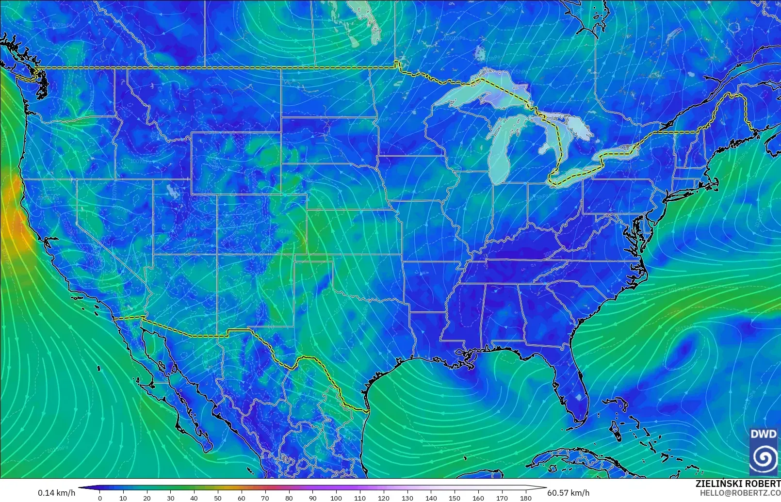 ICON modelo - Estados Unidos, Viento a 10 m