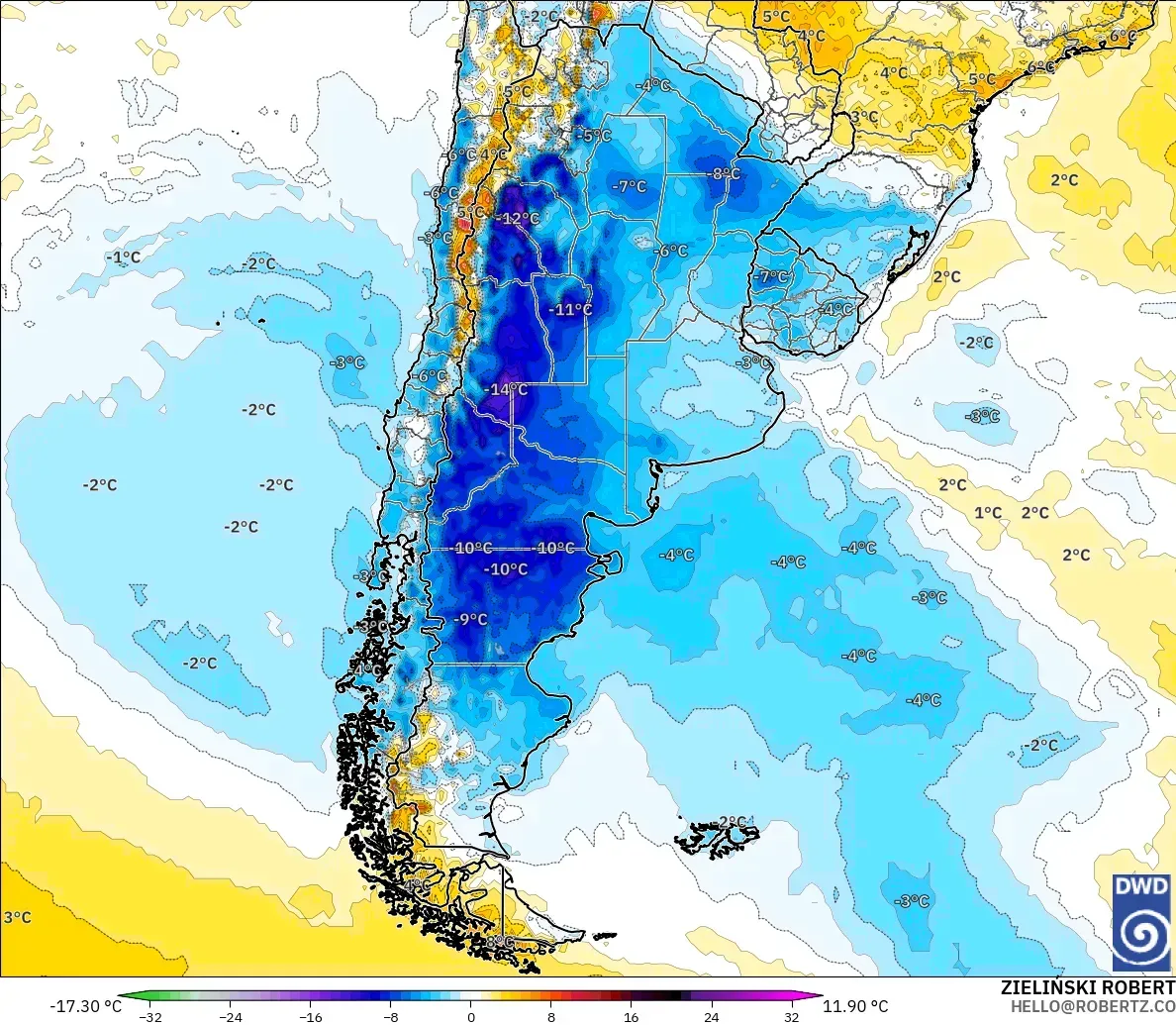 ICON modelo - Argentina, Anomalía de temperatura a 2 m