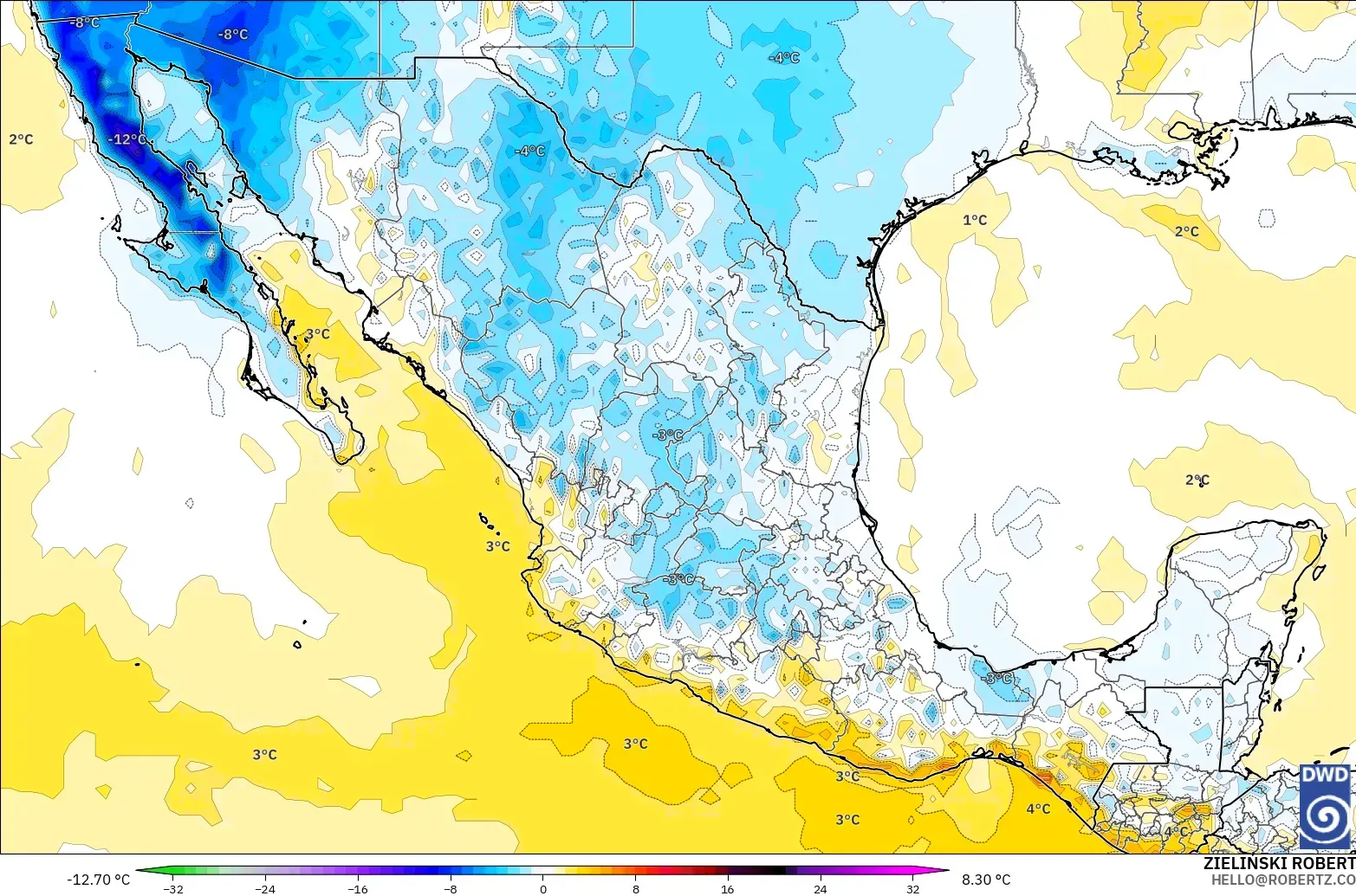 ICON modelo - México, Anomalía de temperatura a 2 m