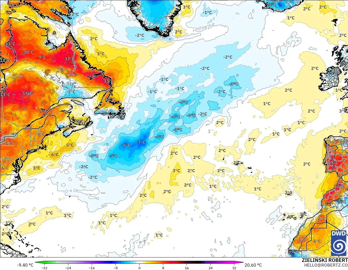 ICON modelo - Norte Atlántico, Anomalía de temperatura a 2 m