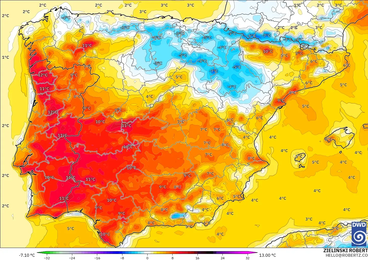 ICON modelo - España, Anomalía de temperatura a 2 m