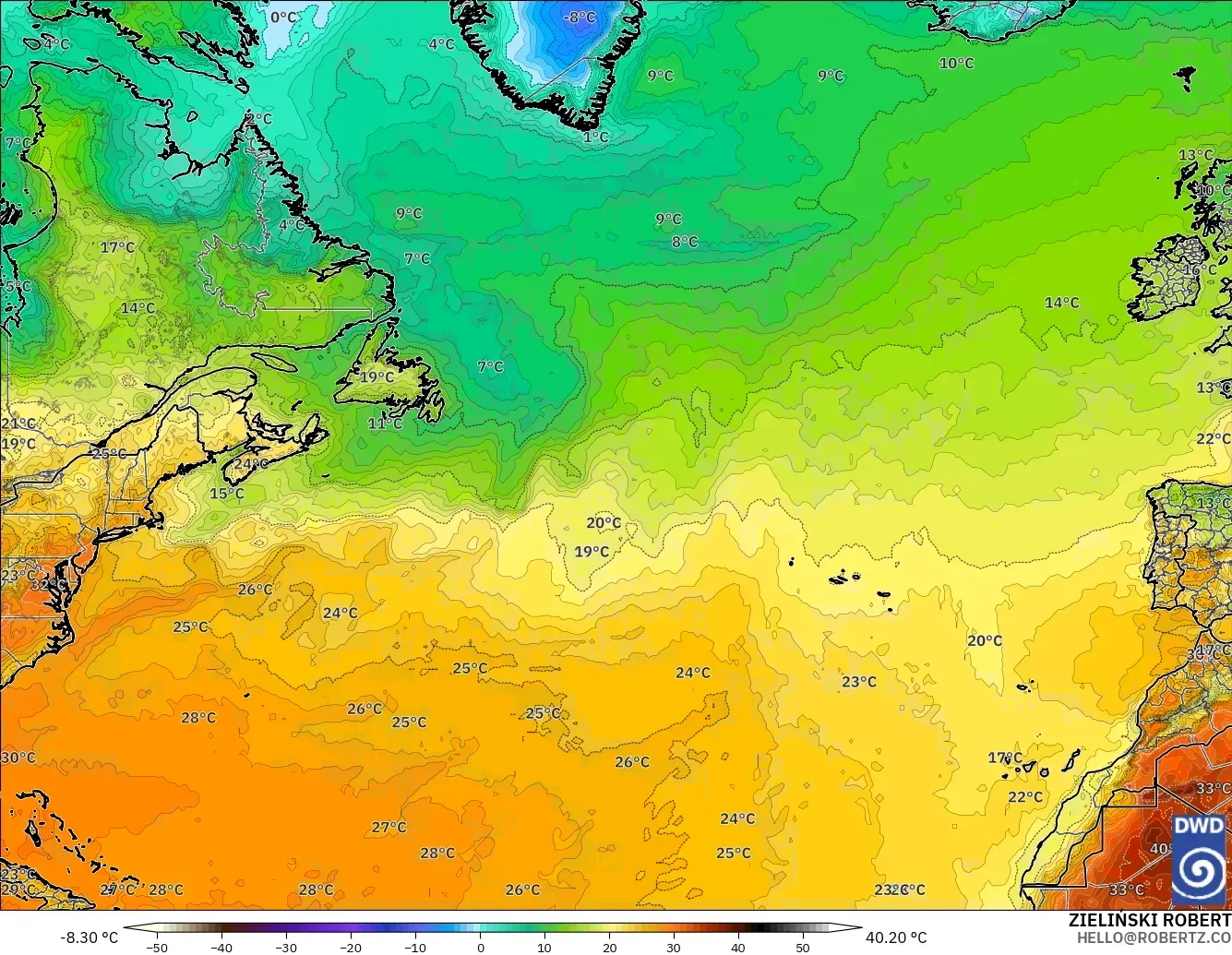 ICON modelo - Norte Atlántico, Temperatura a 2 m