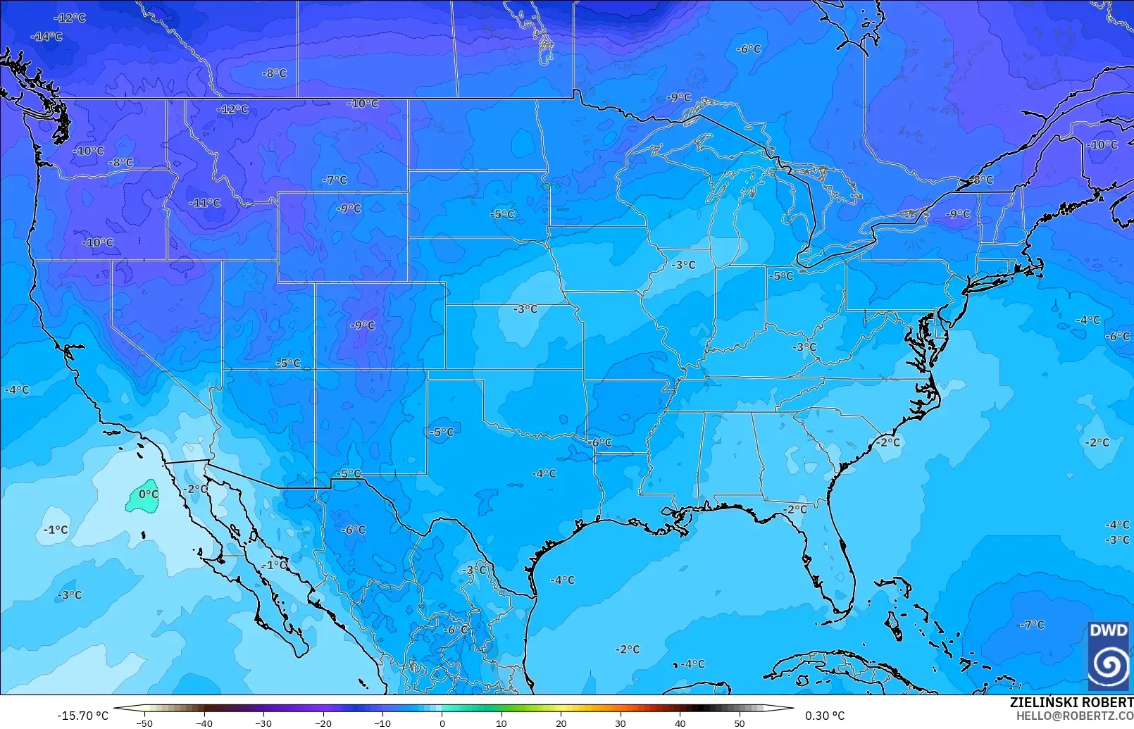 ICON modelo - Estados Unidos, Temperatura a 500 hPa