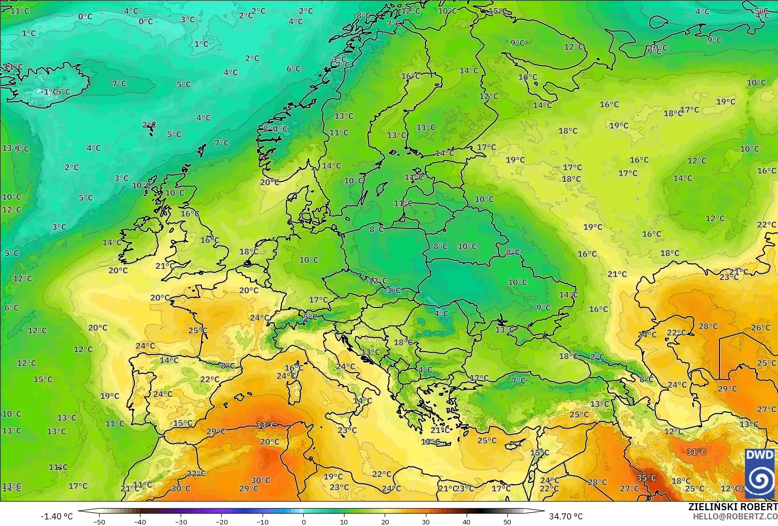 ICON modelo - Europa, Temperatura a 850 hPa