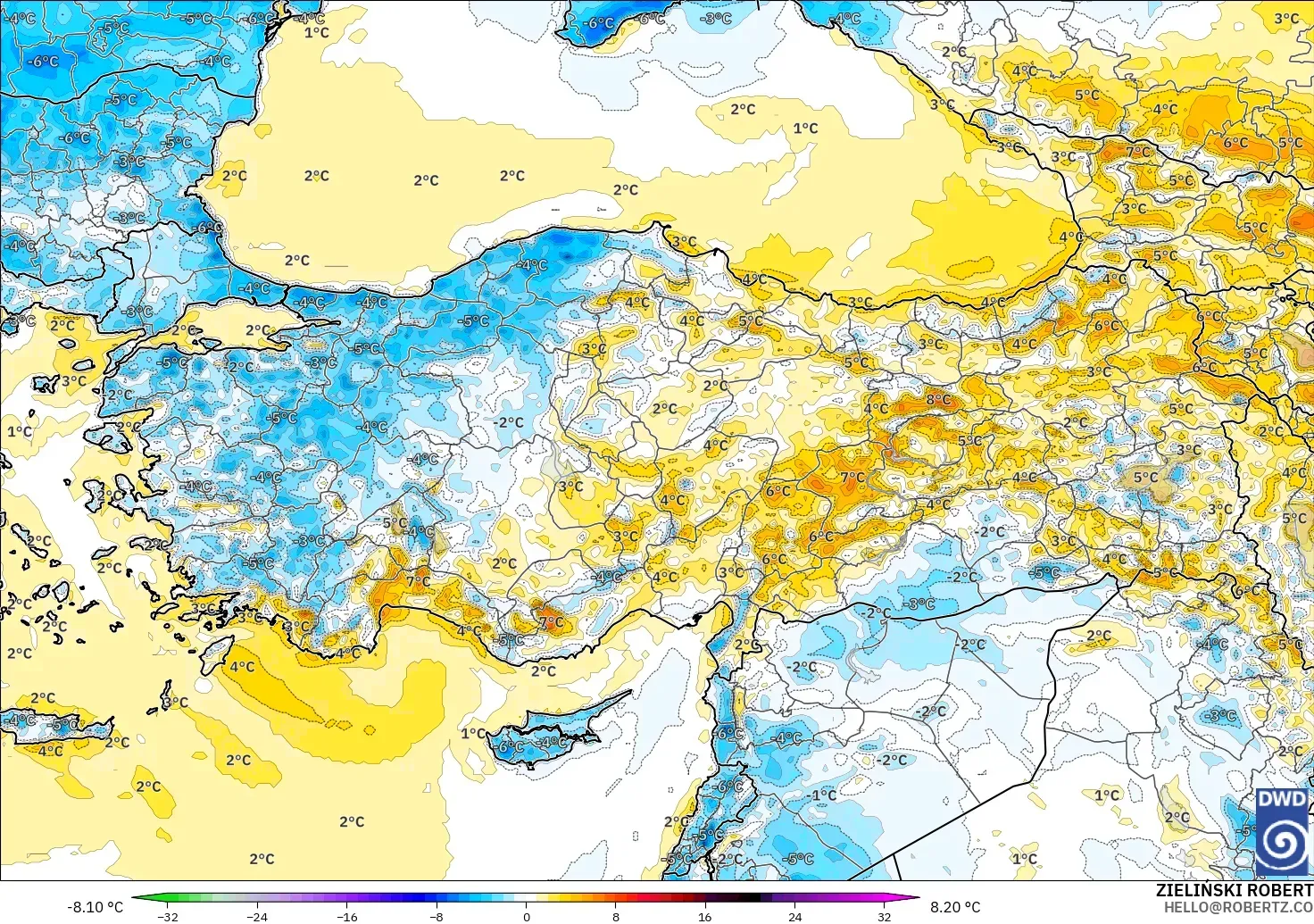 ICON modelo - Turquía, Anomalía de temperatura a 2 m