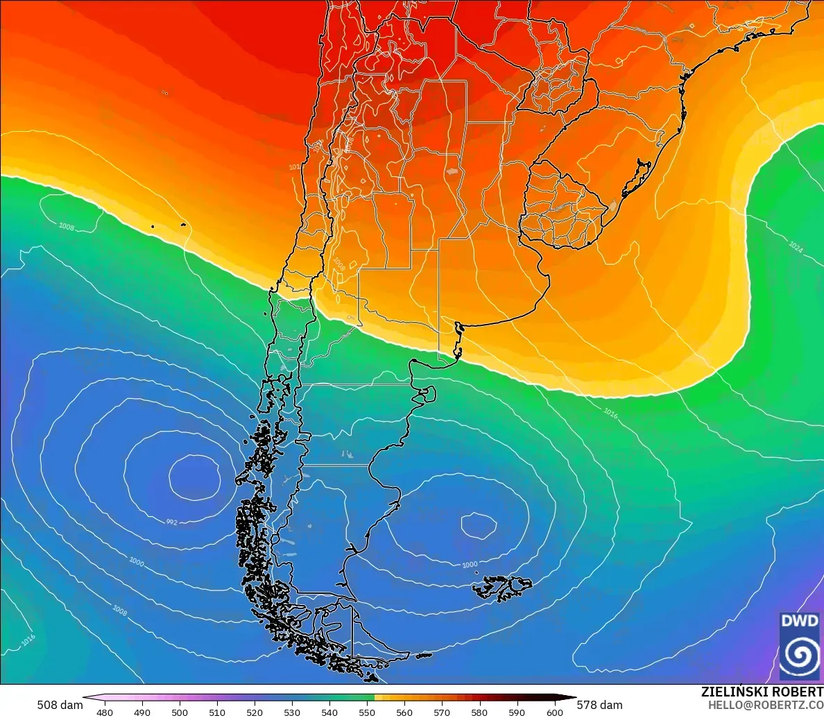 ICON modelo - Argentina, Altura geopotencial a 500 hPa