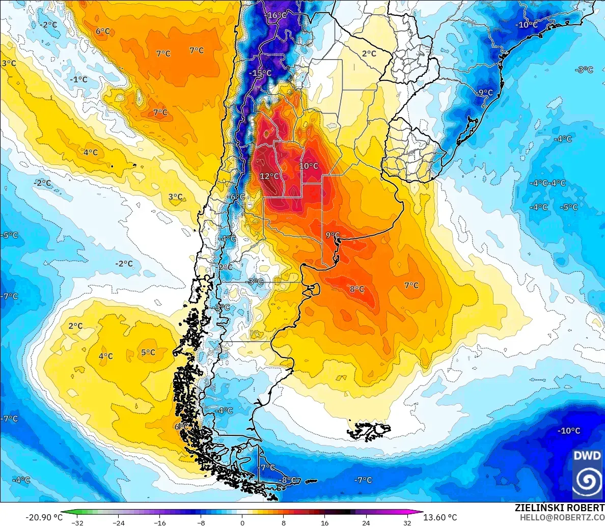 ICON modelo - Argentina, Anomalía de temperatura a 850 hPa