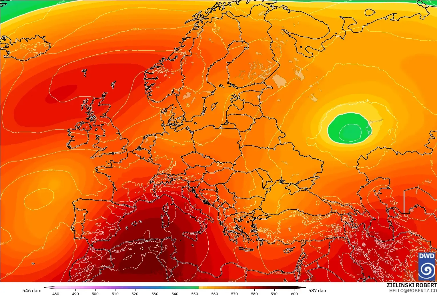 ICON modelo - Europa, Altura geopotencial a 500 hPa