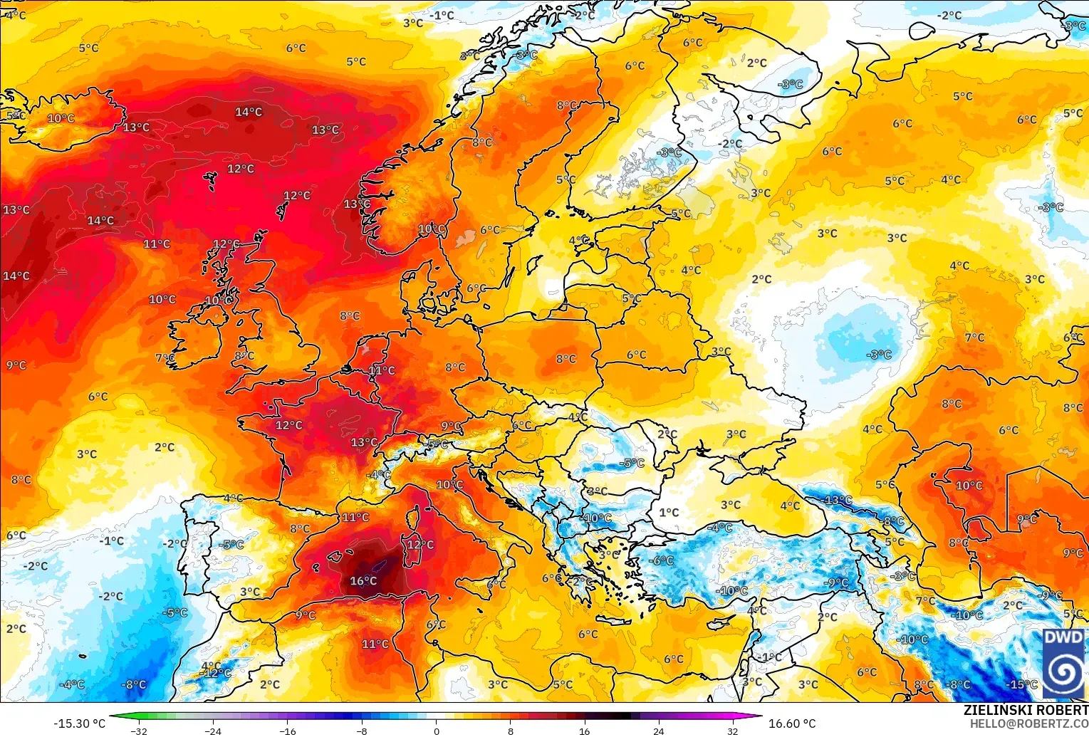 ICON modelo - Europa, Anomalía de temperatura a 850 hPa