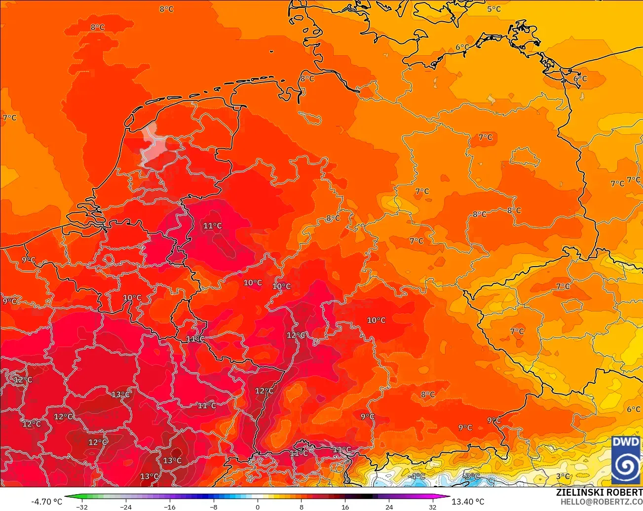 ICON modelo - Alemania, Anomalía de temperatura a 850 hPa