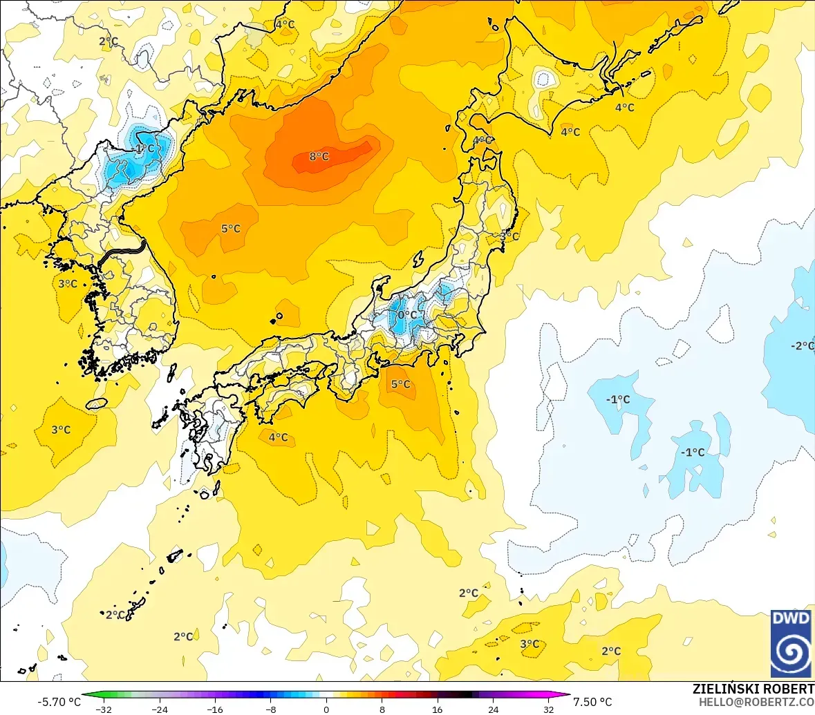 ICON modelo - Japón, Anomalía de temperatura a 850 hPa
