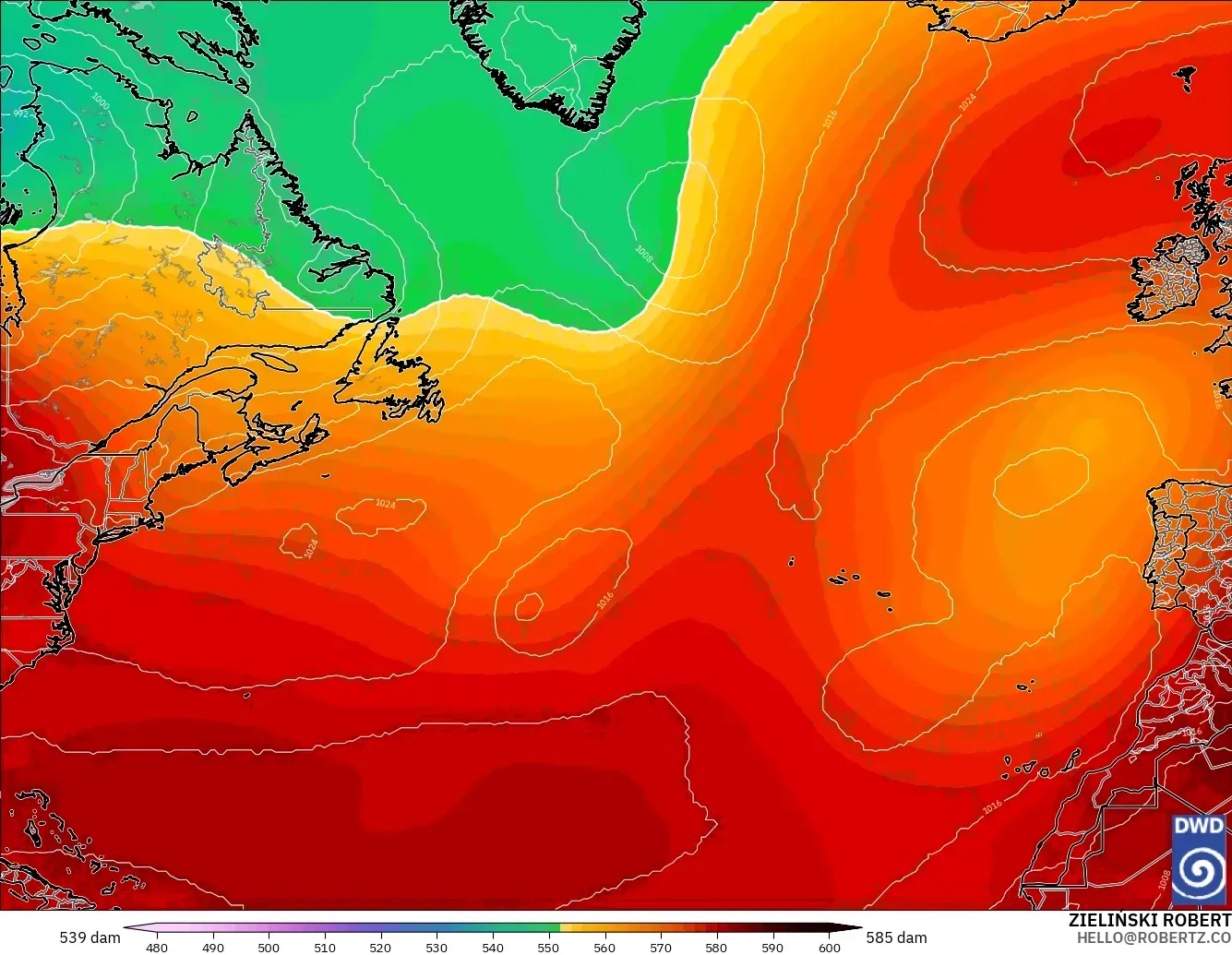 ICON modelo - Norte Atlántico, Altura geopotencial a 500 hPa