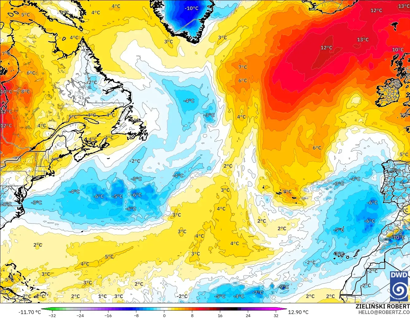 ICON modelo - Norte Atlántico, Anomalía de temperatura a 850 hPa