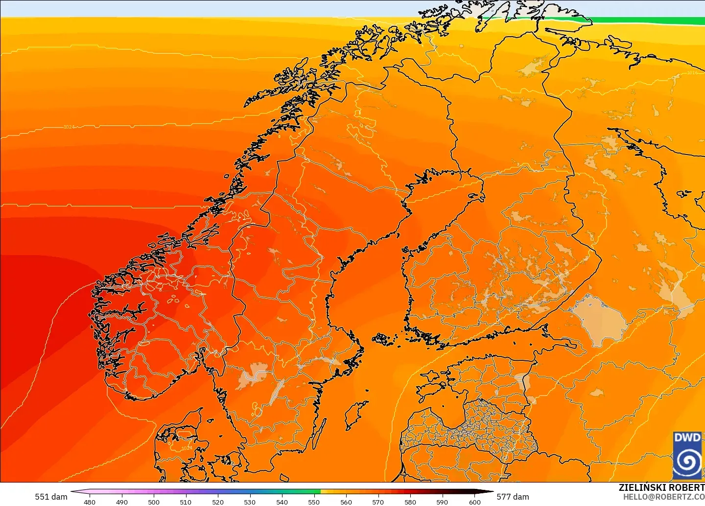ICON modelo - Escandinavia, Altura geopotencial a 500 hPa