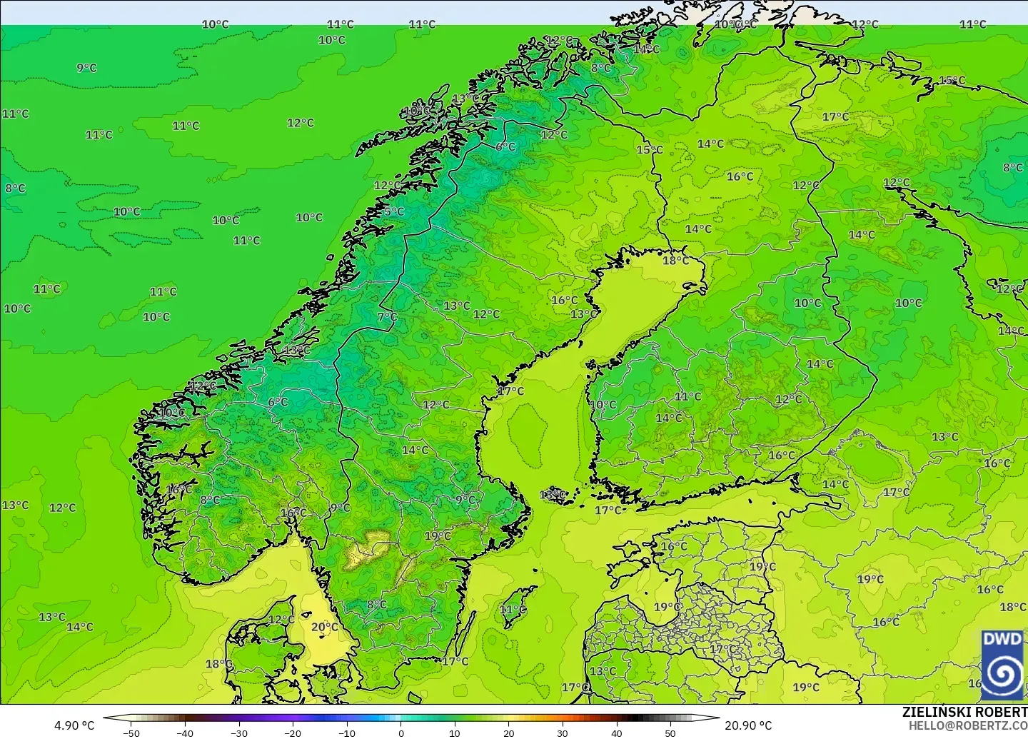 ICON modelo - Escandinavia, Temperatura a 2 m