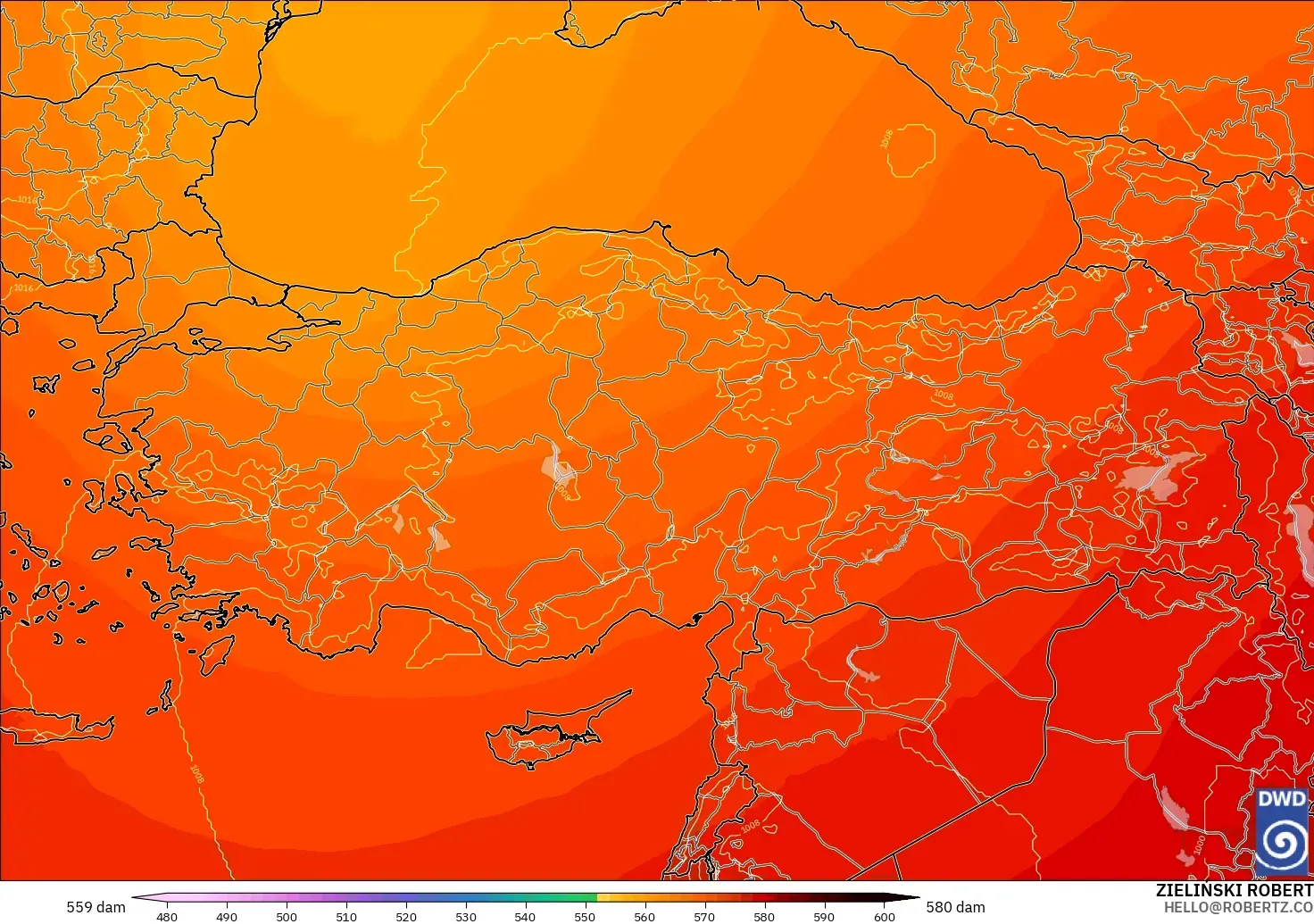 ICON modelo - Turquía, Altura geopotencial a 500 hPa