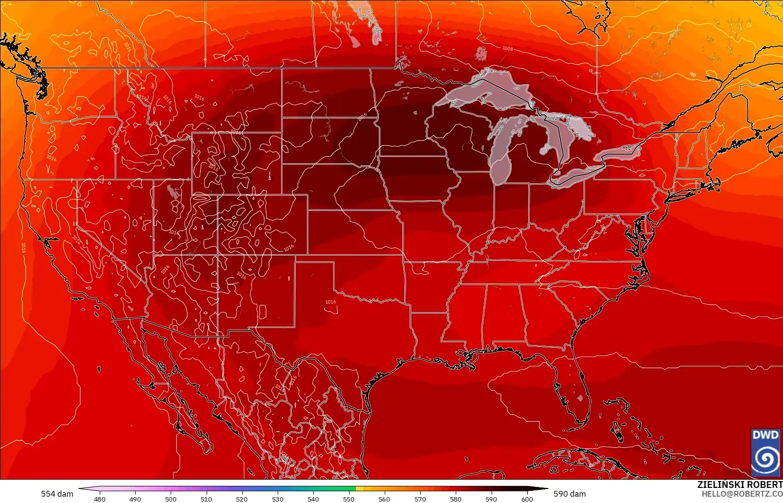 ICON modelo - Estados Unidos, Altura geopotencial a 500 hPa