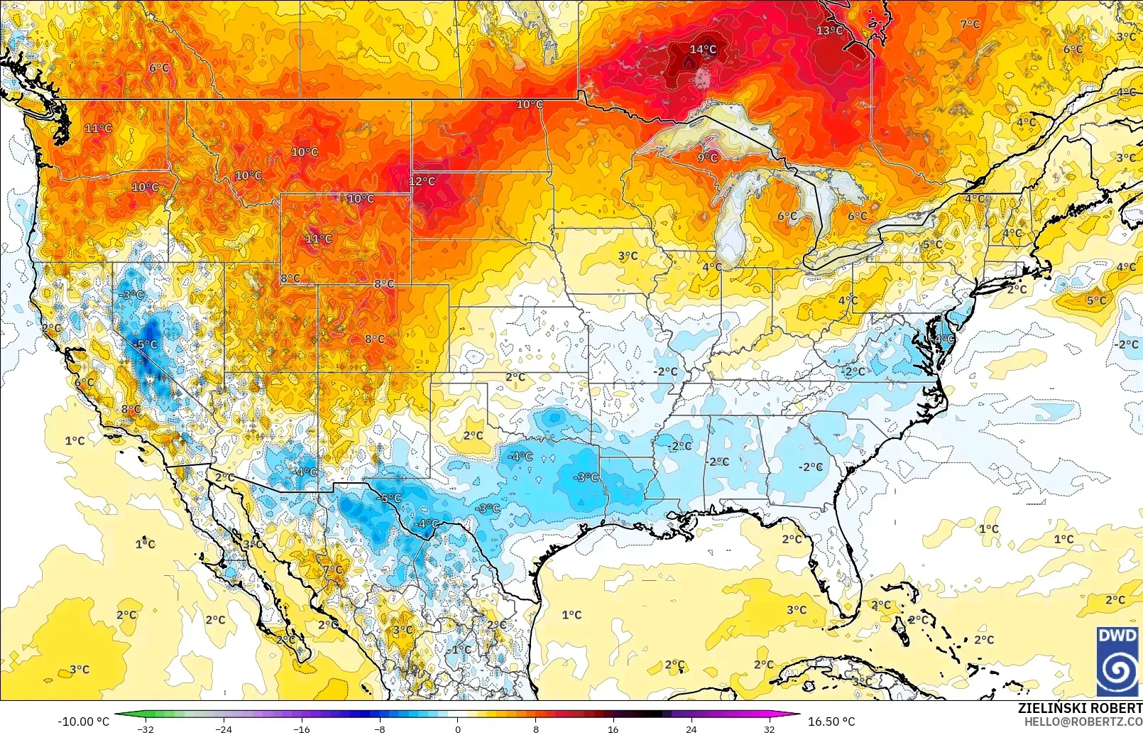 ICON modelo - Estados Unidos, Anomalía de temperatura a 2 m