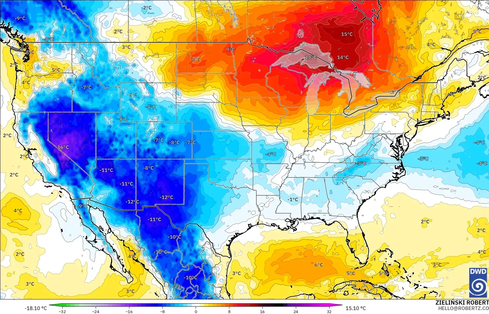 ICON modelo - Estados Unidos, Anomalía de temperatura a 850 hPa