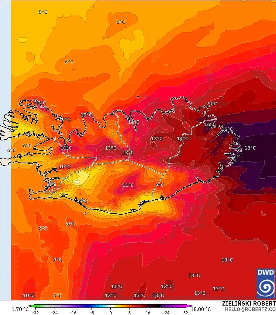 ICON modelo - Islandia, Anomalía de temperatura a 850 hPa