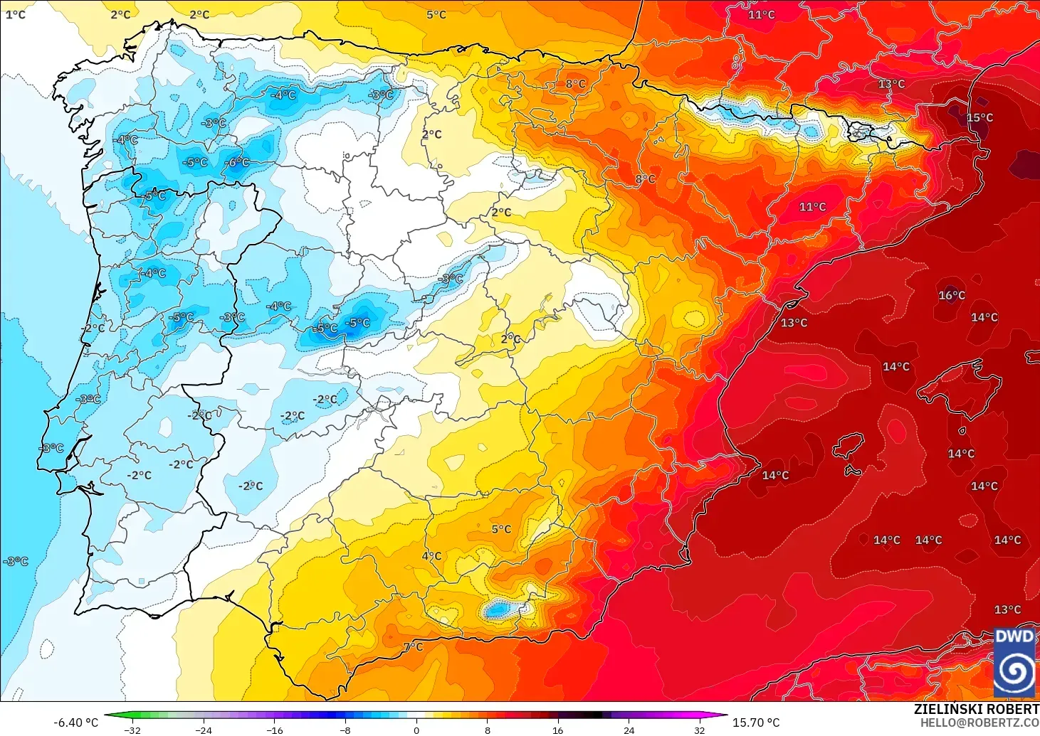 ICON modelo - España, Anomalía de temperatura a 850 hPa