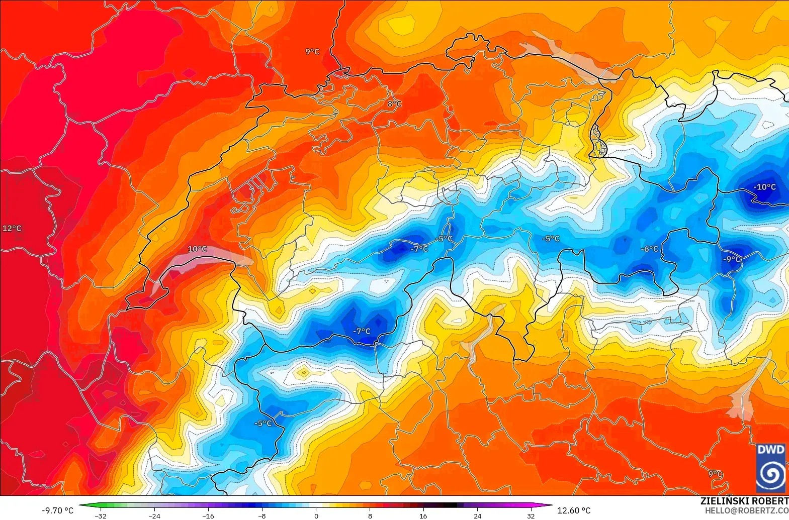 ICON modelo - Suiza, Anomalía de temperatura a 850 hPa
