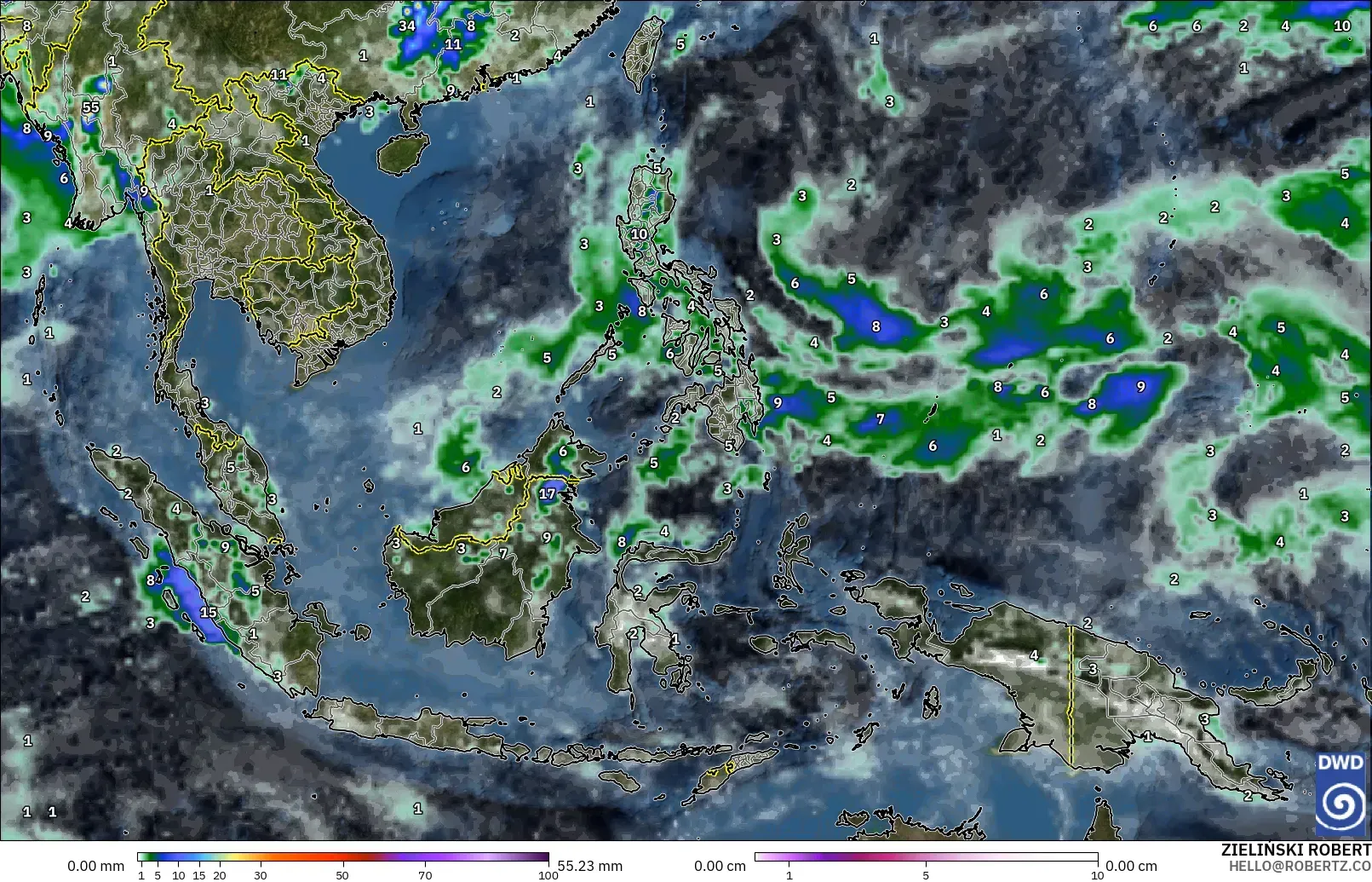 ICON modelo - Sudeste Asiático, Precipitación, nubes y presión