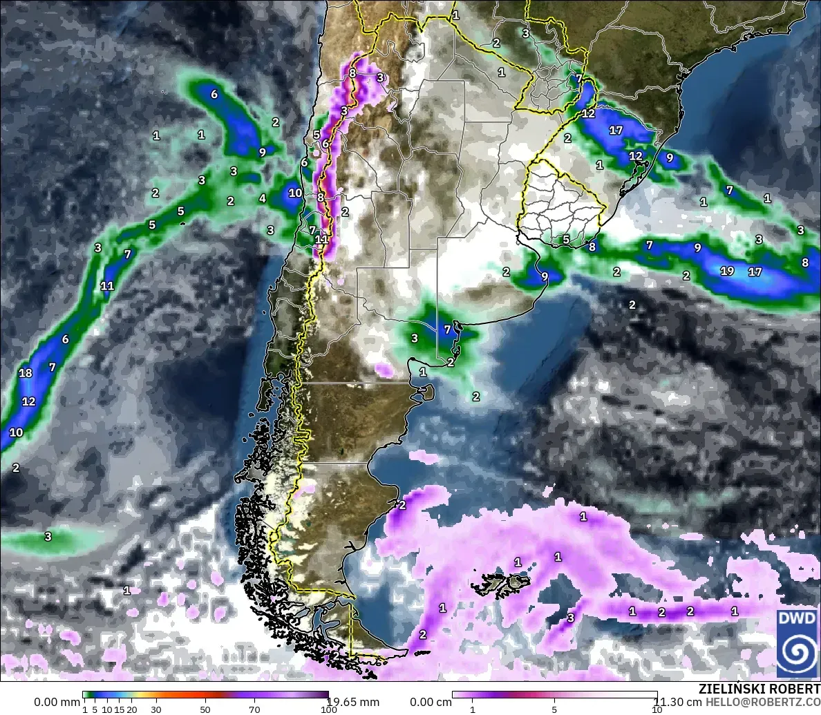 ICON modelo - Argentina, Precipitación, nubes y presión