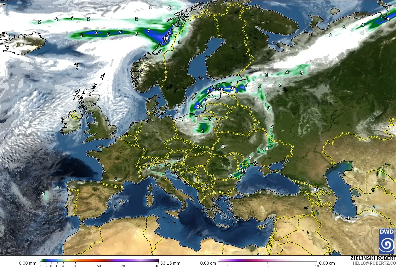 ICON modelo - Europa, Precipitación, nubes y presión