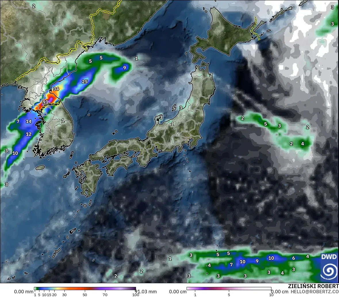 ICON modelo - Japón, Precipitación, nubes y presión