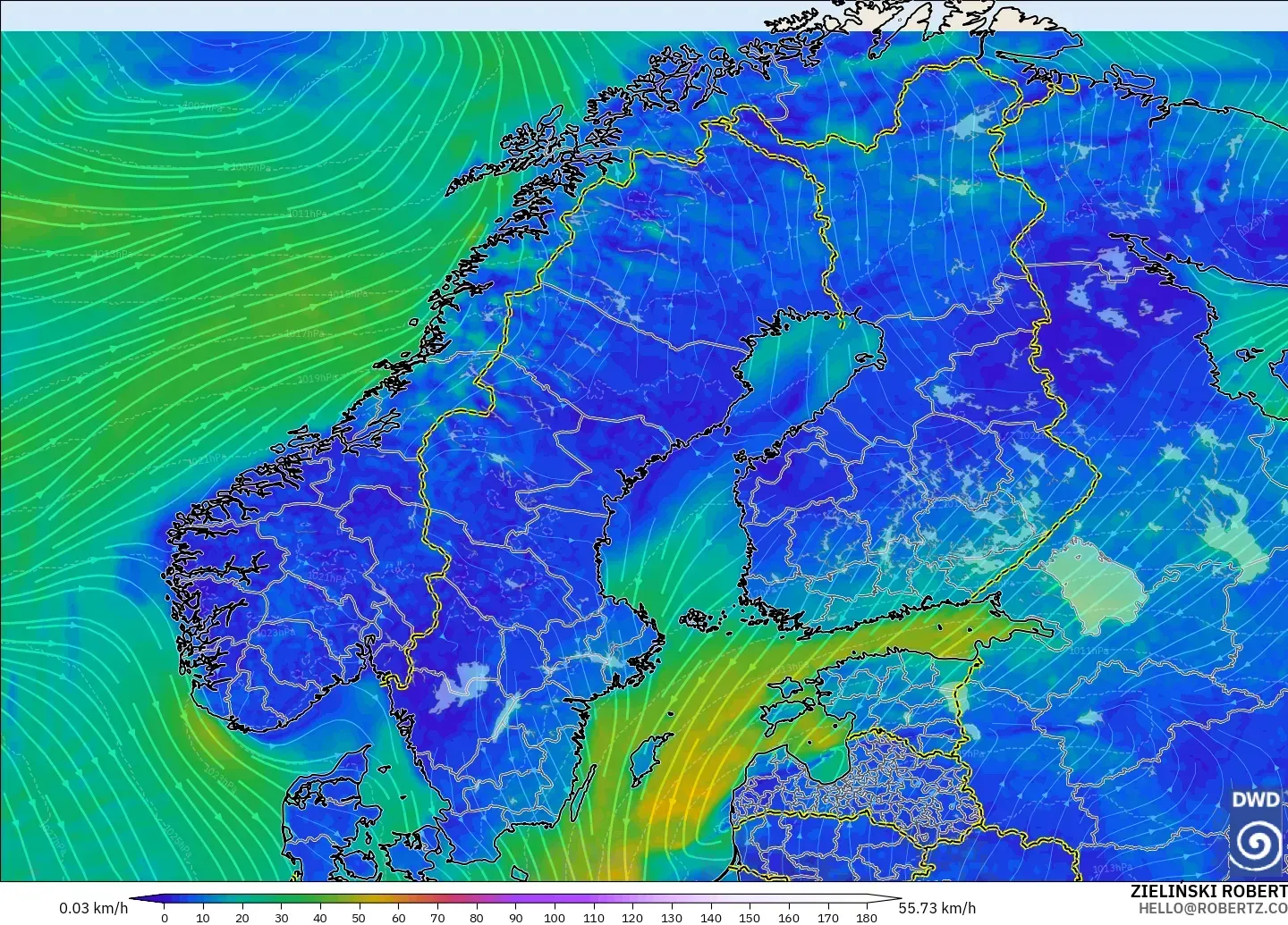 ICON modelo - Escandinavia, Viento a 10 m