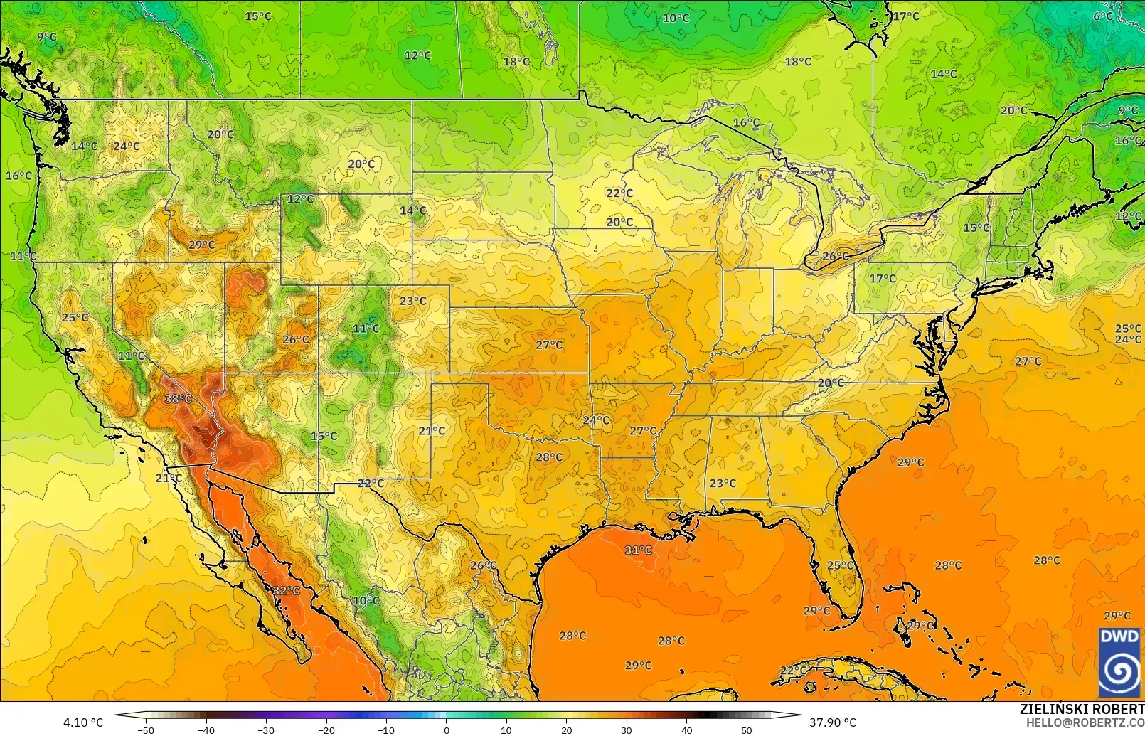 ICON modelo - Estados Unidos, Temperatura a 2 m