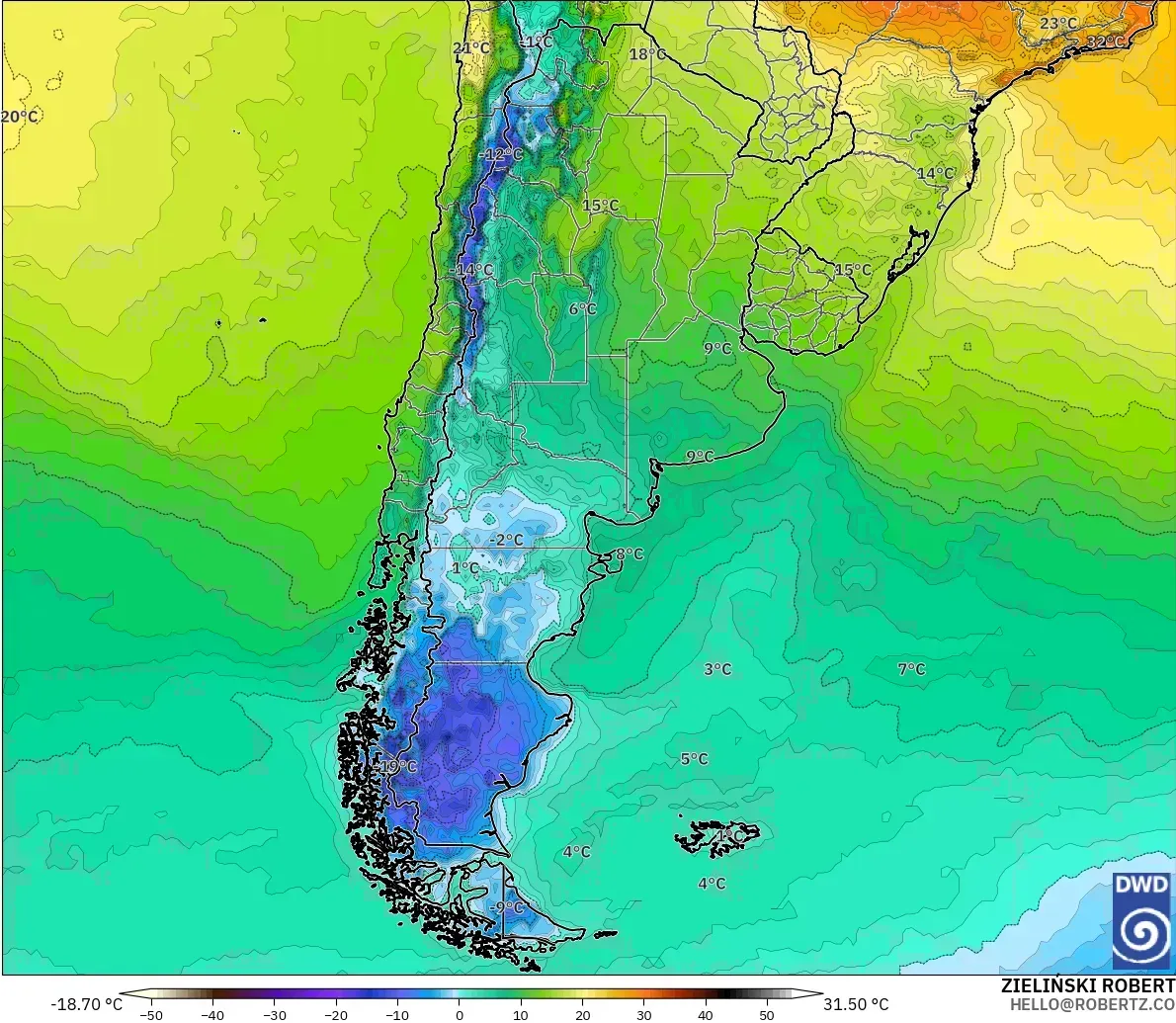 ICON modelo - Argentina, Temperatura a 2 m