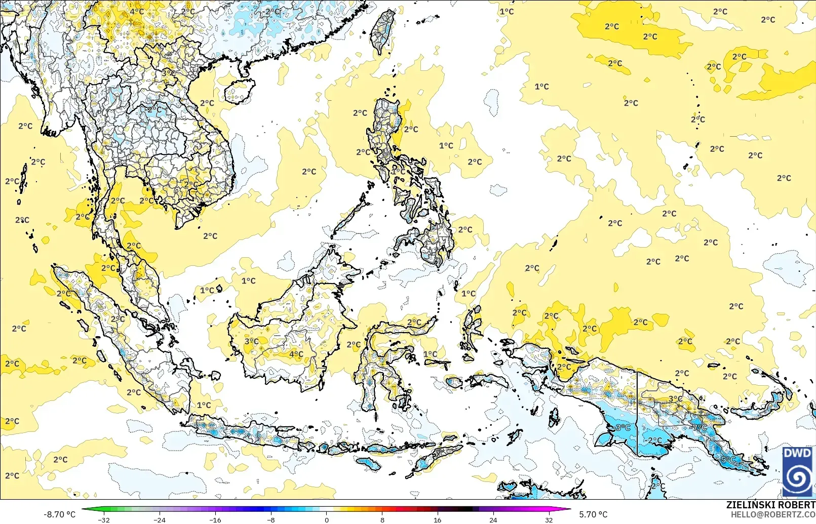 ICON modelo - Sudeste Asiático, Anomalía de temperatura a 2 m