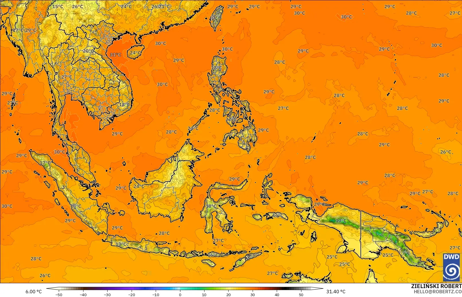 ICON modelo - Sudeste Asiático, Temperatura a 2 m
