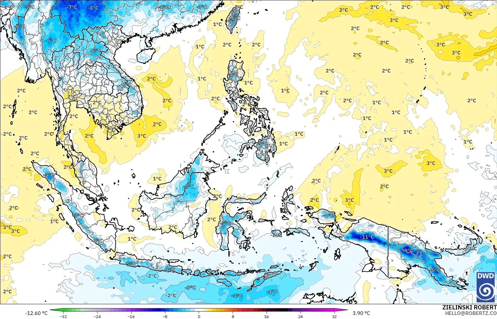 ICON modelo - Sudeste Asiático, Anomalía de temperatura a 850 hPa