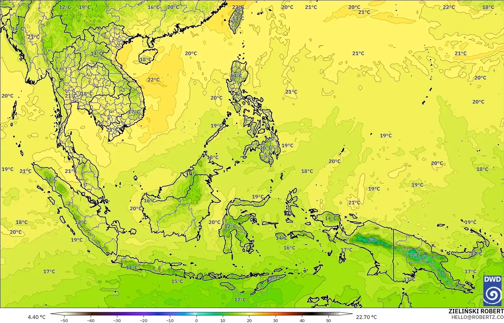 ICON modelo - Sudeste Asiático, Temperatura a 850 hPa