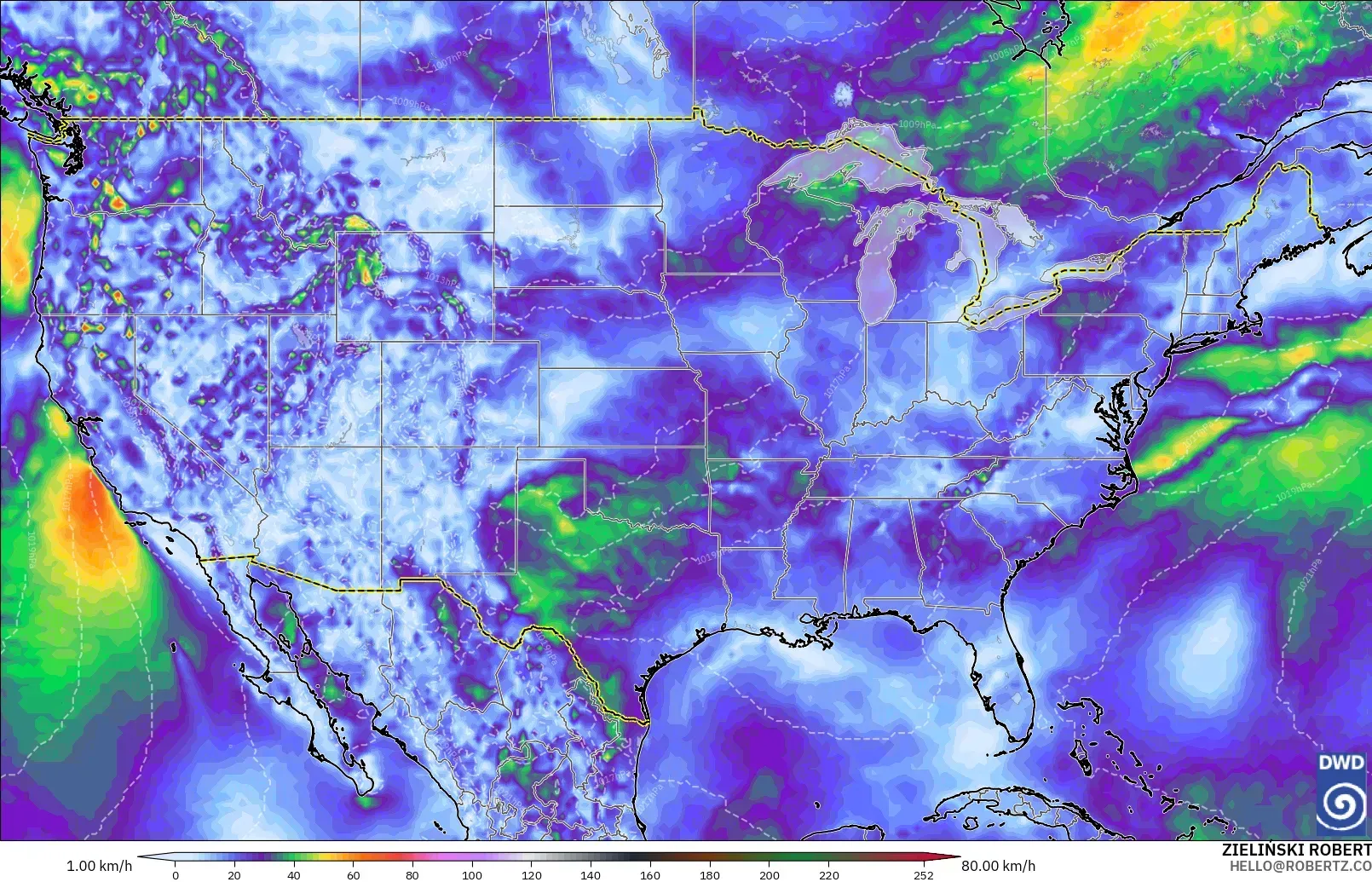 ICON modelo - Estados Unidos, Ráfagas de Viento Máximas