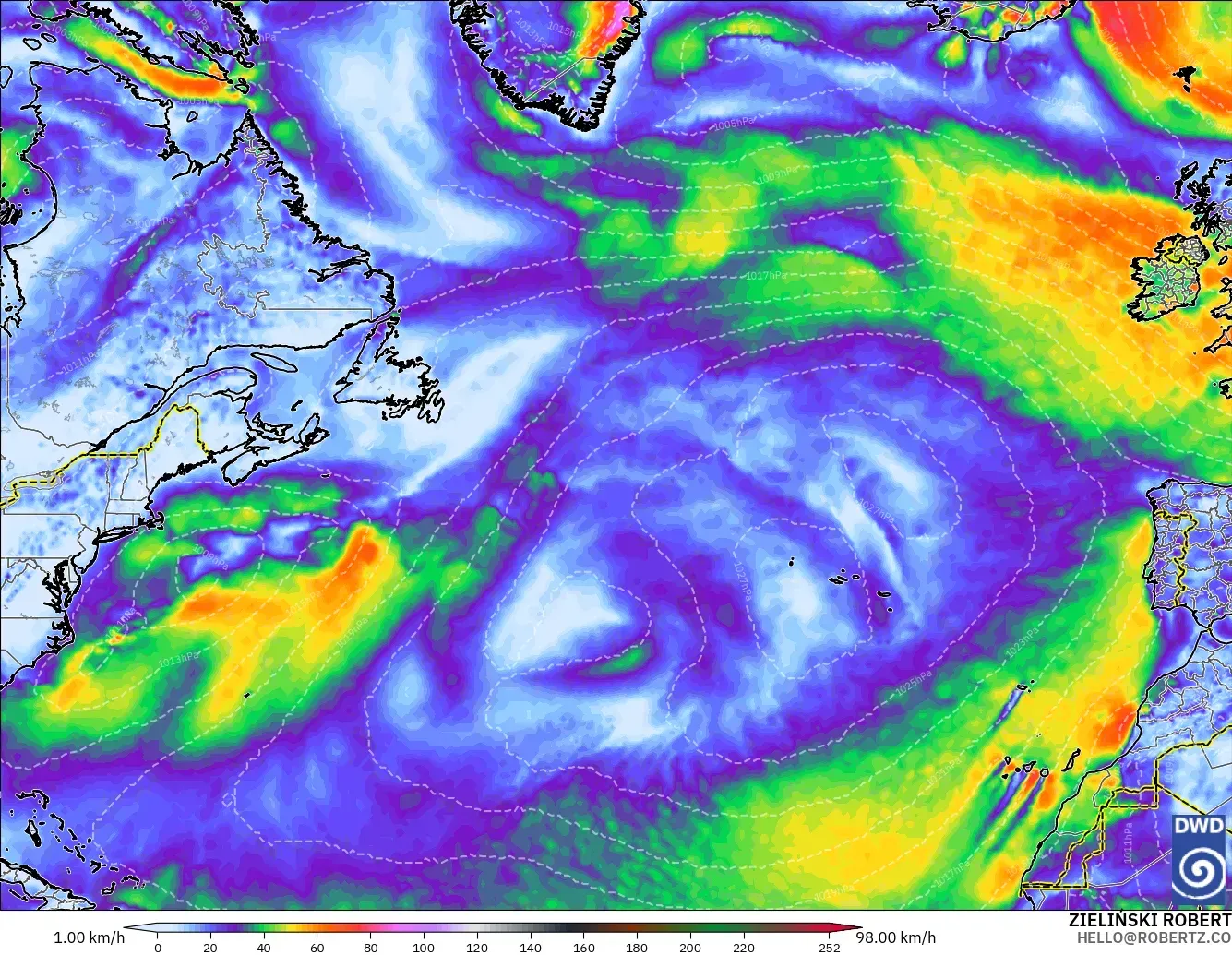 ICON modelo - Norte Atlántico, Ráfagas de viento