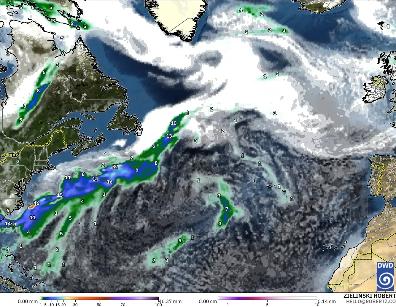 ICON modelo - Norte Atlántico, Precipitación, nubes y presión